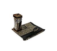 Muslim Prayer Rug and Prayer Beads with Elegant Gift Box | Janamaz | Sajadah | Soft Islamic Prayer Rug | Islamic Gifts Set | Prayer Carpet Mat, Taffeta Fabric, Black