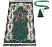 Muslim Prayer Rug with Prayer Beads Gift | Janamaz | Sajjadah | Soft Islamic Prayer Rug | Islamic Gifts | Prayer Carpet Mat, Chenille Fabric, Green
