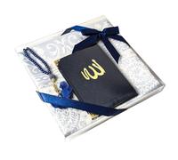 Muslim Prayer Set with Mat, Tasbih, Surah Booklet - Islamic Gift Set (Blue)