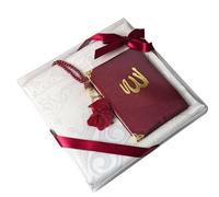 Muslim Prayer Set with Mat, Tasbih, Surah Booklet - Islamic Gift Set (White-Red)