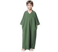 Muslim Robe Boys - Arabic Thobe Muslim Thobe Short Sleeve Embroidery Kaftan V Neck Robe With Button Up For Boys Girls (Green 7-8 Years)