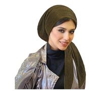 Muslim Stretch Headscarf Fashion Turban Elastic Hat with Long End Wrinkle Resistant Texture Hijab Cap (Army Green, One Size)