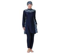 Muslim Swimming Costume for Women Plus Size, Modest Swimwear for Women, Burkini Swimsuit for Ladies, Full Covered Muslim Swimsuits Long Sleeve Swimming Pants Hijab 3PCS Set Navy Blue-Floral 7X-Large