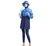 Muslim Swimming Costume Women 3 Pcs Burkini Modest Swimwear Fashion Long Sleeve Print Full Cover Swimsuit With Wide Brim Hat Bathing Suit Surfing Rash Guard Beachwear For Diving Holiday Activities