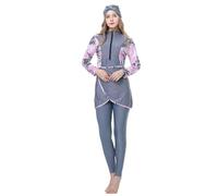 Muslim Swimming Costume Women 3 Pcs Burkini Modest Swimwear Long Sleeve Splicing Print Full Cover Swimsuit Swimming Top+Swim Cap+Pants Islamic Arabic Bathing Suit Surfing Rash Guard Beachwear Grey