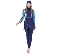 Muslim Swimming Costume Women 3 Pcs Burkini Modest Swimwear Long Sleeve Splicing Print Full Cover Swimsuit Swimming Top+Swim Cap+Pants Islamic Arabic Bathing Suit Surfing Rash Guard Beachwear Blue