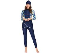 Muslim Swimsuit for Women Burkini Islamic Modest Swimwear Plus Size Full Cover Bathing Suit Front Zipper Rash Guard Padded Long Sleeve Top Pants Hijab Arabic Surfing Swimming Costume Blue Floral XXL