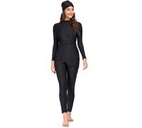 Muslim Swimsuit For Women Burkini Islamic Modest Swimwear Plus Size Full Cover Bathing Suit Front Zipper Rash Guard Padded Long Sleeve Top Pants Hijab 3pcs Arabic Surfing Swimming Costume Black S