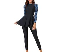 Muslim Swimsuit for Women Long Sleeve Modest Swimwear Two Piece Set with Long Pants Conservative Split Tankini Bathing Suit Plus Size Burkini for Older Women Beachwear (Black, S)