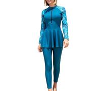 Muslim Swimsuit for Women Long Sleeve Modest Swimwear Two Piece Set with Long Pants Conservative Split Tankini Bathing Suit Plus Size Burkini for Older Women Beachwear (Green, L)