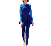 Muslim Swimsuit for Women Long Sleeve Modest Swimwear Two Piece Set with Long Pants Conservative Split Tankini Bathing Suit Plus Size Burkini for Older Women Beachwear (Blue, M)