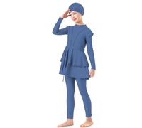 Muslim Swimsuit Girls 3 Piece Full Cover Hijab Burkini Arabic Swimwear Sunsuit Beachwear Top Pants Cap Costume Swim Bottom Girls Blue