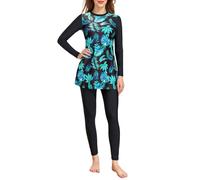 Muslim Swimsuit Women Long Sleeve Print Modest Swimwear Burkini Swimwear for Ladies 2 Pcs with Long Pants Conservative Split Tankini Bathing Suit Plus Size Burkini Older Rash Guard Surfing Beachwear