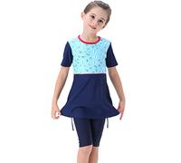 Muslim Swimsuits for Girls Butterfly Print Short Sleeve Bathing Suits Swimming Pants Islamic Hijab 3pcs Set Full Cover Tankini Modest Swimwear Surfing Beachwear Navy Blue-Short Sleeve 11-12 Years