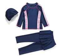 Muslim Swimwear for Girls Modest Swimsuits Long Sleeve Swim Top+Pants +Hijab Burkini Bathing Suits Kids Girls Swimming Pakistan Dubai Middle East Rash Guard Outfit Navy Blue+Pink 11-12 Years
