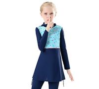 Muslim Swimwear for Girls Modest Swimsuits Long Sleeve Swim Top+Pants +Hijab Burkini Bathing Suits Kids Swimming Pakistan Dubai Middle East Rash Guard Outfit Navy Blue-Butterfly 7-8 Years