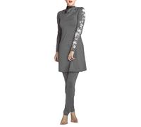 Muslim Swimwear Women 3 Pcs Burkini Modest Swimwear Fashion Long Sleeve Print Swimsuit Conservative Bathing Suit Islamic Arabic Surfing Uv Protection Full Cover Beachwear for Holiday Activities Grey