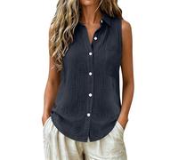 Muslim Tank Tops for Women UK Cotton Linen Sleeveless Vest Tops Loose fit v-Neck Button Down Collared Work Shirt Gauze Blouses Summer Fashion 2026 Holiday Travel Clothes with Chest Pocket Navy