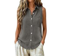 Muslim Tank Tops for Women UK Cotton Linen Sleeveless Vest Tops Loose fit v-Neck Button Down Collared Work Shirt Gauze Blouses Summer Fashion 2026 Holiday Travel Clothes with Chest Pocket Grey
