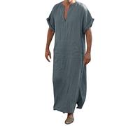 Muslim Thobe for Men Plus Size VNeck Short Sleeve Robe Casual Loose Cotton Arab Dubai Side Slit Islamic Kaftan Prayer Clothes Caftans Big and Tall Mens Arab Thobe Traditional Muslim Abaya Dress
