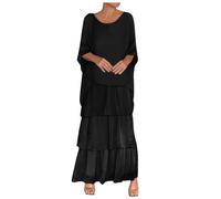 Muslim Women Dresses 3/4 Sleeve Round Neck Layered Summer Large Size Maxi Dresses Sleeve Button Down Abaya Casual Dress Dubai Outfits Hip Scarf Beach, black, XXL