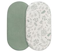 Muslin Bassinet Fitted Sheets, 2 Pack for Baby Boy and Girl, Soft Breathable Stretchy Baby Pad/Mattress Sheet Set, Universal Fit for Hourglass Oval and Rectangle Bassinet Mattress (Natural Leaves)