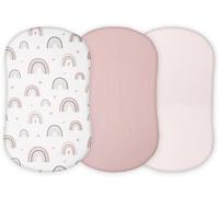 Muslin Bassinet Sheets Compatible with Halo Bassinest Swivel, Flex, Glide, Premiere and Luxe Series Sleeper, Pack 3, 33 X 17 Inch, Ultra Soft and Snug Fit, Unisex Boys Girls, Pink Rainbow
