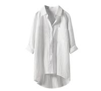 Muslin Blouse Women's Cotton Linen Tops for Women Summer Long Sleeve V Neck Elegant Shirt Loose Casual Top Plain Oversize Down Lightweight Shirts Travel Blouses (White, M)