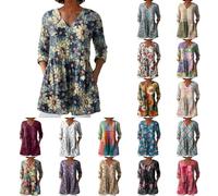 Muslin Blouse Women's Long Blouse Women's Elegant Shirt 3/4 Sleeve V Neck Linen Blouse with Pockets Long Shirts Summer Top Long Blouse Floral Pattern Women's Blouses Retro Shirt Tunic, Hot Pink2, XL