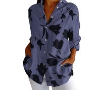 Muslin Blouse Women's Long Sleeve Linen Shirt Large Size Light Shirt Blouse Floral Print Elegant Long Blouse Long Shirt Cotton Linen Loose Tunic Tops T-Shirt Airy Linen Blouse Tops, navy, 3XL