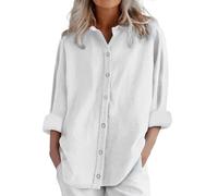 Muslin Blouse Women's Oversized Large Sizes Shirt Blouse with Button-Down Loose Casual Linen Blouse Light and Airy Long Sleeve V-Neck Linen Shirt Summer Plain Tops, White, 3XL