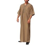 Muslin Clothes for Men, Mens Nightshirts Cotton Short Sleeve Men Robe Summer Men's Casual Loose Robe Medium Sleeve Button Down Shirt Short Sleeved Shirts for Men Cotton Mens Muslim Tops Khaki