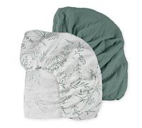 Muslin Mini Crib Sheets 2 Pack, Soft Breathable Cotton Mini Crib & Pack N Play Fitted Mattress Sheets, 360° Snug Elastic Universal Fit, Unisex Baby Bedding Sheets Set (Bright Leaves)