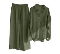 Muslin Pyjamas Women's Casual Solid Retro Plus Size Cotton Button Shirt High Waist Loose Long Trouser Suit Clothing Women, Ag-1., XL