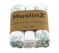 MuslinZ 3PK Baby Muslin Squares, Burp Cloths, Newborn Essentials, Soft Bamboo/Organic Cotton 70 x 70cm (Aqua Leaf)