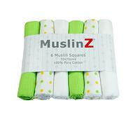 MuslinZ- 6 pack 100% pure soft cotton Muslin Squares Baby Burp Cloths in Plain, White and Polka Dot Mix 70x70cms Perfect for Newborns (6 Pack, Green Combo)