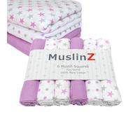 MuslinZ 6PK Baby Muslin Squares, Burp Cloths, Muslin Nappies, Soft, Absorbent and Breathable 100% Cotton 70x70cm (Violet Star)