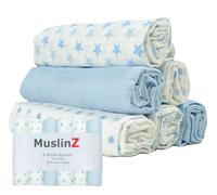 MuslinZ Baby Muslin Cloths, Muslin Squares, Muslins, 6 Pack Blue Star | 100% cotton, Baby Burp Cloths, UK Brand, soft, absorbent, breathable