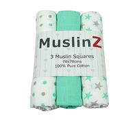 MuslinZ Baby Muslin Squares Burp Cloths 3 Pack 100% Pure Cotton, 70cms, Baby Essential, Soft Breathable and Absorbent (Mint Star)