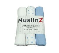 MuslinZ Baby Muslin Squares Burp Cloths 3 Pack 100% Pure Cotton, 70cms, Baby Essential, Soft Breathable and Absorbent (Blue Combo)