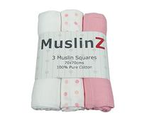MuslinZ Baby Muslin Squares Burp Cloths 3 Pack 100% Pure Cotton, 70cms, Baby Essential, Soft Breathable and Absorbent (Pink Combo)