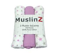 MuslinZ Baby Muslin Squares Burp Cloths 3 Pack 100% Pure Cotton, 70cms, Baby Essential, Soft Breathable and Absorbent (Violet Star)
