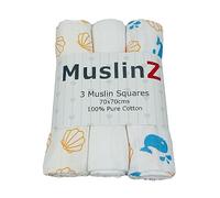 MuslinZ Baby Muslin Squares Burp Cloths 3 Pack 100% Pure Cotton, 70cms, Baby Essential, Soft Breathable and Absorbent (Sealife Combo)