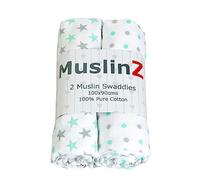 MuslinZ Baby Muslin Squares, Soft, Breathable and Absorbent Newborn Receiving Blanket, Swaddles XL 100x90cms 100% Cotton (2 Pack) (Mint/Grey)