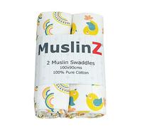MuslinZ Baby Muslin Squares, Soft, Breathable and Absorbent Newborn Receiving Blanket, Swaddles XL 100x90cms 100% Cotton (2 Pack) (Scandi Rainbow)