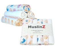 MuslinZ Muslin Squares - Muslin Cloths for Baby - Baby Burp Cloths - 6 Pack Muslins - Large 70cm - Cotton - Absorbent & Breathable - Multi Use Newborn Cloths (Sealife)