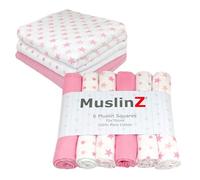 MuslinZ Muslin Squares - Muslin Cloths for Baby - Baby Burp Cloths - 6 Pack Muslins - Large 70x70cm - Boy, Girl, Unisex - Cotton - Absorbent & Breathable - Multi Use Newborn Cloths (Pink Star)