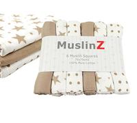 MuslinZ Muslin Squares - Muslin Cloths for Baby - Baby Burp Cloths - 6 Pack Muslins - Large 70x70cm - Boy, Girl, Unisex - Cotton - Absorbent & Breathable - Multi Use Newborn Cloths (Taupe Star)