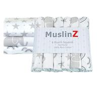 MuslinZ Muslin Squares - Muslin Cloths for Baby - Baby Burp Cloths - 6 Pack Muslins - Large 70x70cm - Boy, Girl, Unisex - Cotton - Absorbent & Breathable - Multi Use Newborn Cloths (Grey Prints)