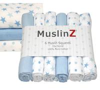 MuslinZ Muslin Squares - Muslin Cloths for Baby - Baby Burp Cloths - 6 Pack Muslins - Large 70x70cm - Boy, Girl, Unisex - Cotton - Absorbent & Breathable - Multi Use Newborn Cloths (Blue Star)